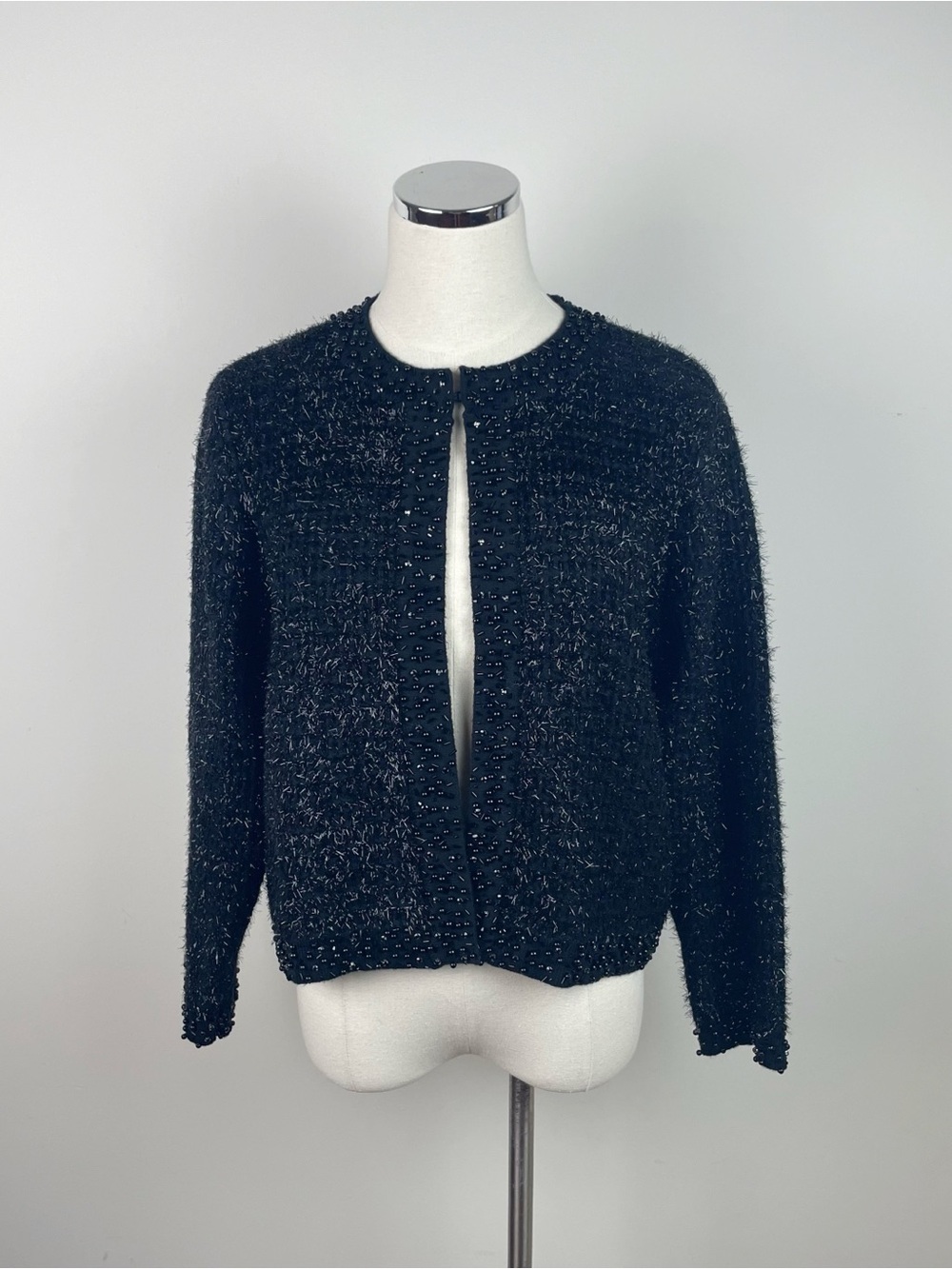 Elie Tahari Black Fuzzy Beaded Sequin Cardigan Sweater Women XL Glam Party